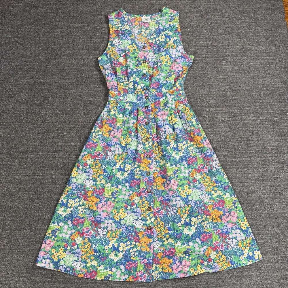 Faith Mountain Company Dress Women Medium Floral Midi Button Up Fit Flare VTG